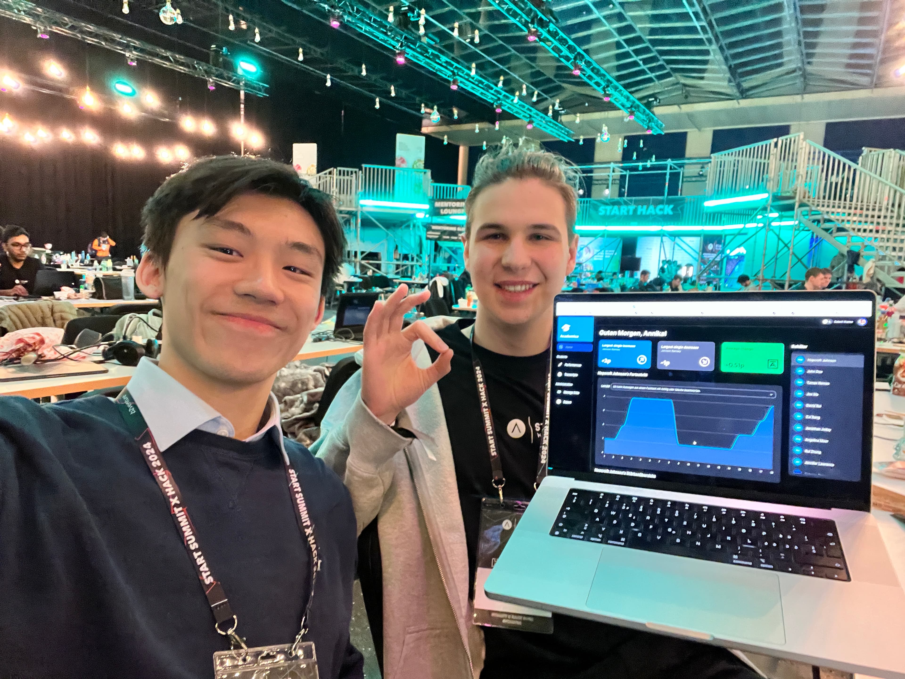 A foto of my friend Pascal and I at Start Hack 2024. We won a case!